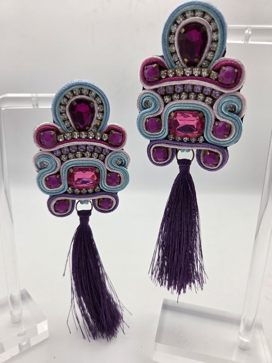 Anna Sous Jewelry - Anna Sous Soutache Crystal Tassel Earrings Purple